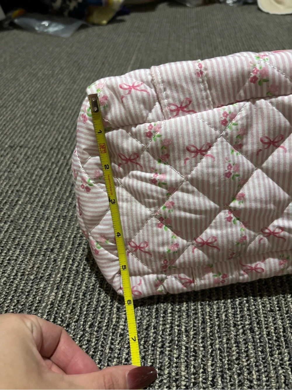 Pink Quilted Floral Cosmetic Case with Bow Motif